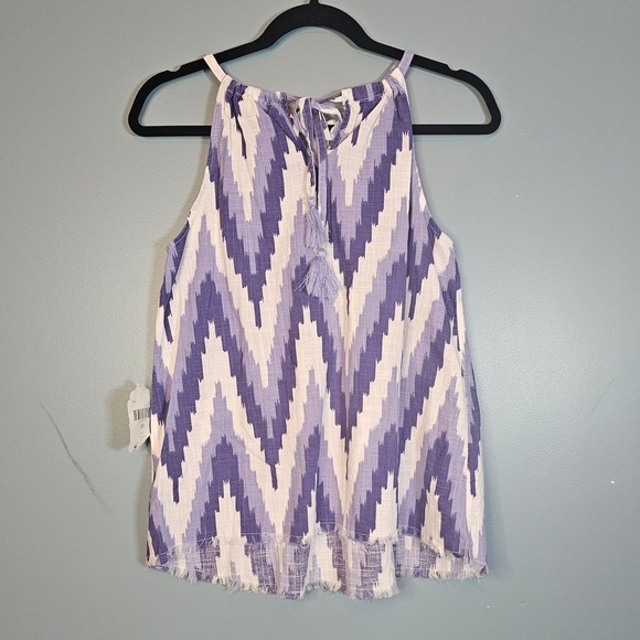 Altar'd State Purple White Zig Zag Tank Top Size S Tassel Tie Neck Frayed Hem - Picture 2 of 6